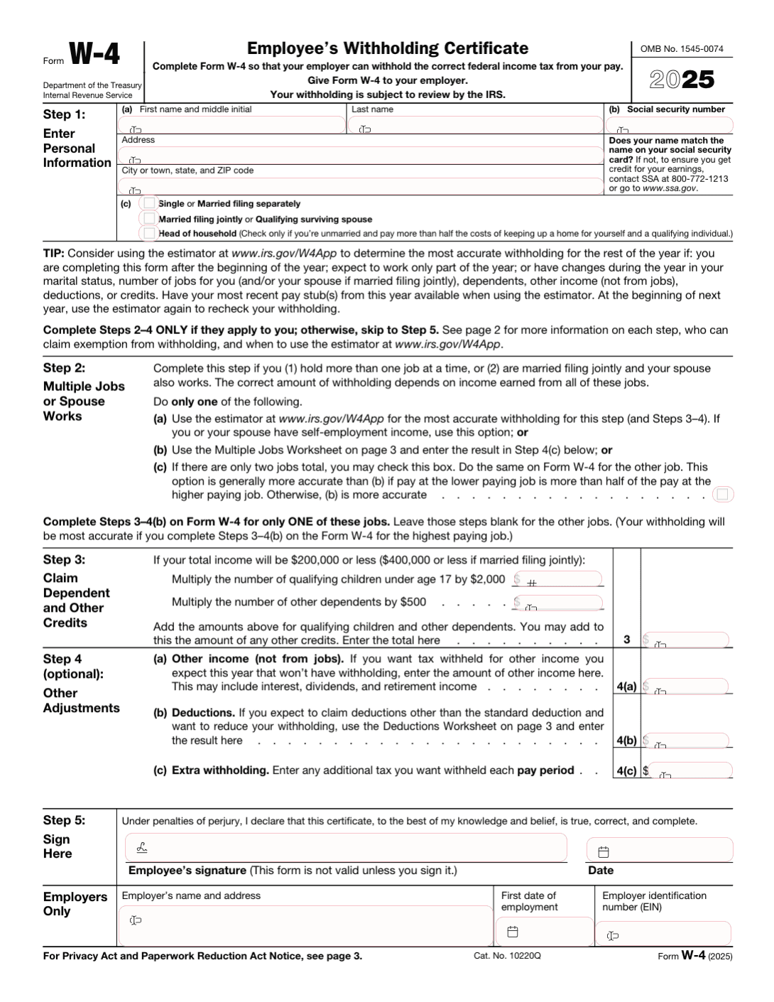 Fillable Form W-4 (2025) preview
